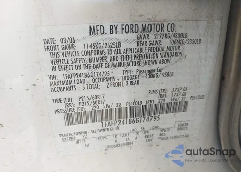 2006 Ford Five Hundred Sel z USA, uszkodzony, nr VIN 1FAFP24186G174795